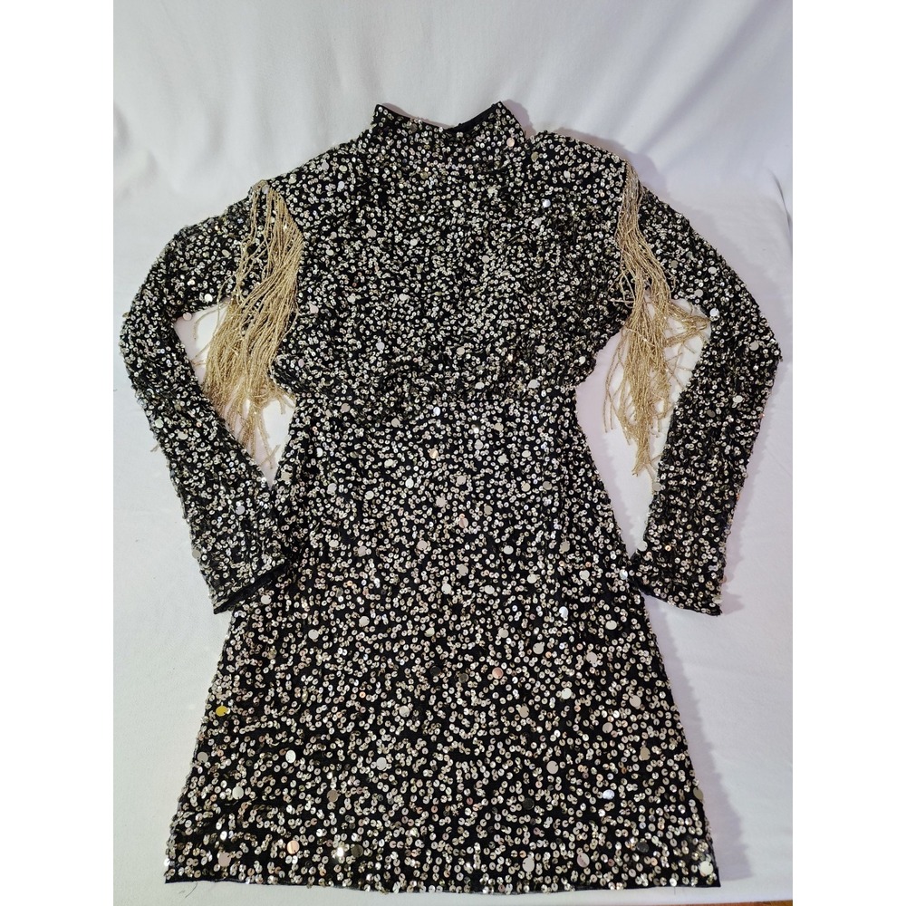NWT Nasty Gal Sz 2 Sexy Sequin Beaded Fringe Holiday Party Mini Dress Black Gold